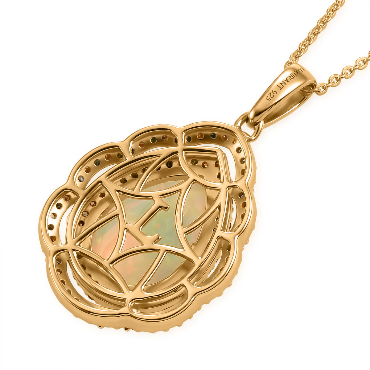 Luxuriant - Ethiopian Opal &amp; Lab Grown Multi-Diamond (SI/G-H) Pendant with Chain (Size 20) in 18K Vermeil Yellow Gold Plated Sterling Silver 4.15 Ct. V32525636 5