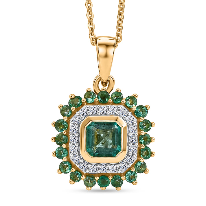 Luxuriant - AAA Gemfields Zambian Emerald &amp; Lab Grown Diamond (SI-G-H) Halo Pendant with Chain (Size 20) in 18K Vermeil Yellow Gold Plated Sterling Silver 1.30 Ct. 4481797 1