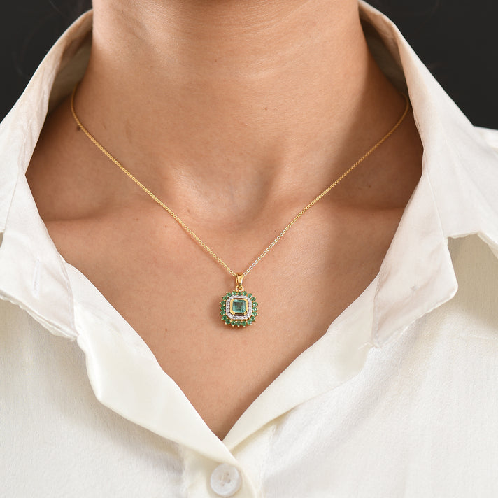 Luxuriant - AAA Gemfields Zambian Emerald &amp; Lab Grown Diamond (SI-G-H) Halo Pendant with Chain (Size 20) in 18K Vermeil Yellow Gold Plated Sterling Silver 1.30 Ct. 4481797 2