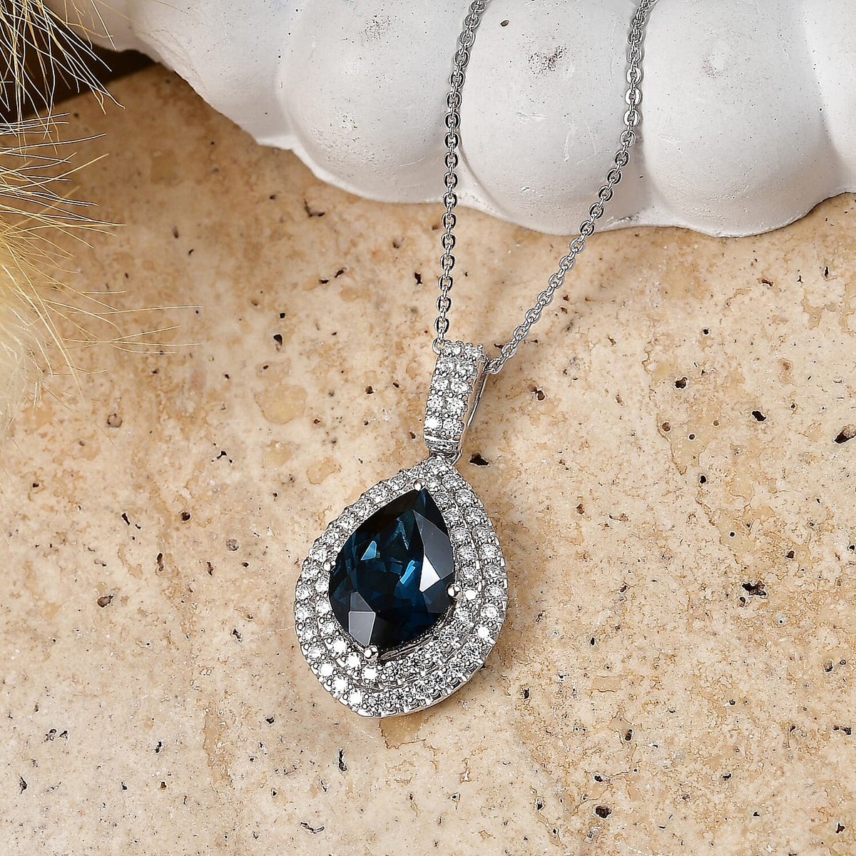 London Blue Topaz,  Moissanite Pendant with Torn Chain 19DC (Size 18) in Rhodium Overlay Sterling Silver 0.81 ct  5.120  Ct. 4481833 1