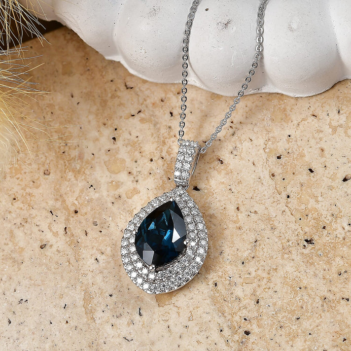 London Blue Topaz, Moissanite Pendant with Torn Chain 19DC (Size 18) in Rhodium Overlay Sterling Silver 5.1 Ct. 4481833 2