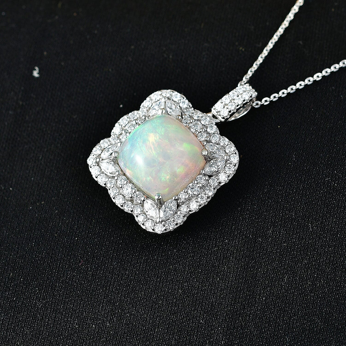 Certified and Appraised Ethiopian Opal,  Moissanite Pendant with Torn Chain 19DC (Size 20) in Rhodium Overlay Sterling Silver 1.73 ct  6.030  Ct. 4481843 1