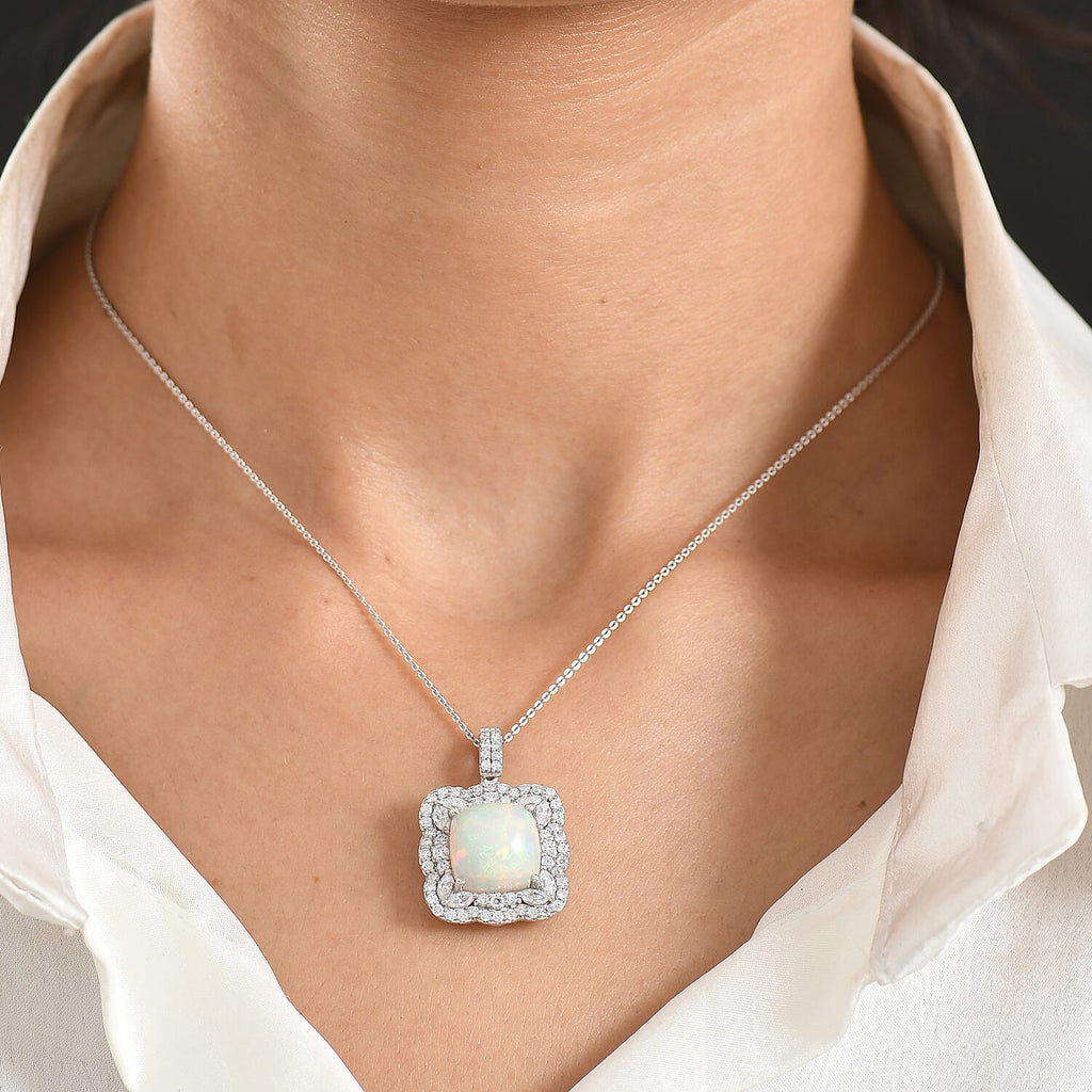 Ethiopian Opal,  Moissanite Pendant with Torn Chain 19DC (Size 20) in Rhodium Overlay Sterling Silver 1.73 ct  6.030  Ct._4481843_2