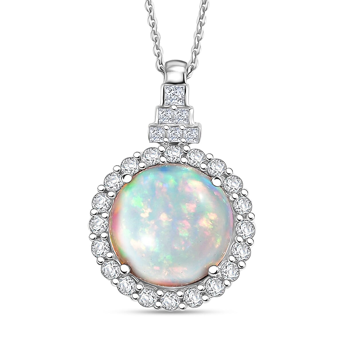 Certified and Appraised Ethiopian Opal,  Moissanite Pendant with Torn Chain 19DC (Size 20) in Rhodium Overlay Sterling Silver 0.52 ct  4.520  Ct. 4481844 0