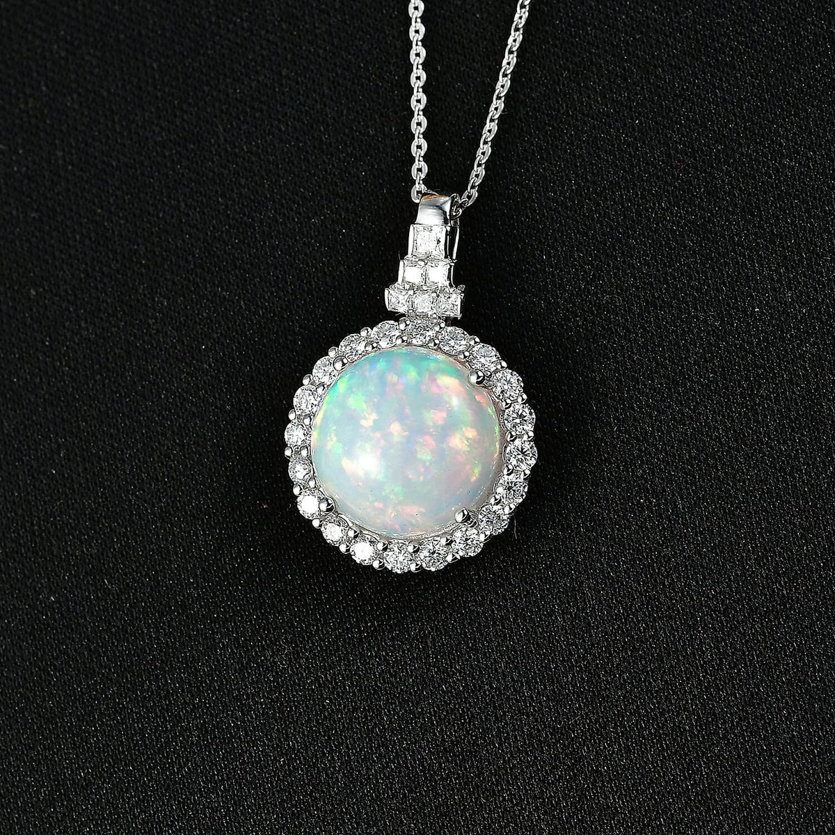 Certified and Appraised Ethiopian Opal,  Moissanite Pendant with Torn Chain 19DC (Size 20) in Rhodium Overlay Sterling Silver 0.52 ct  4.520  Ct. 4481844 1