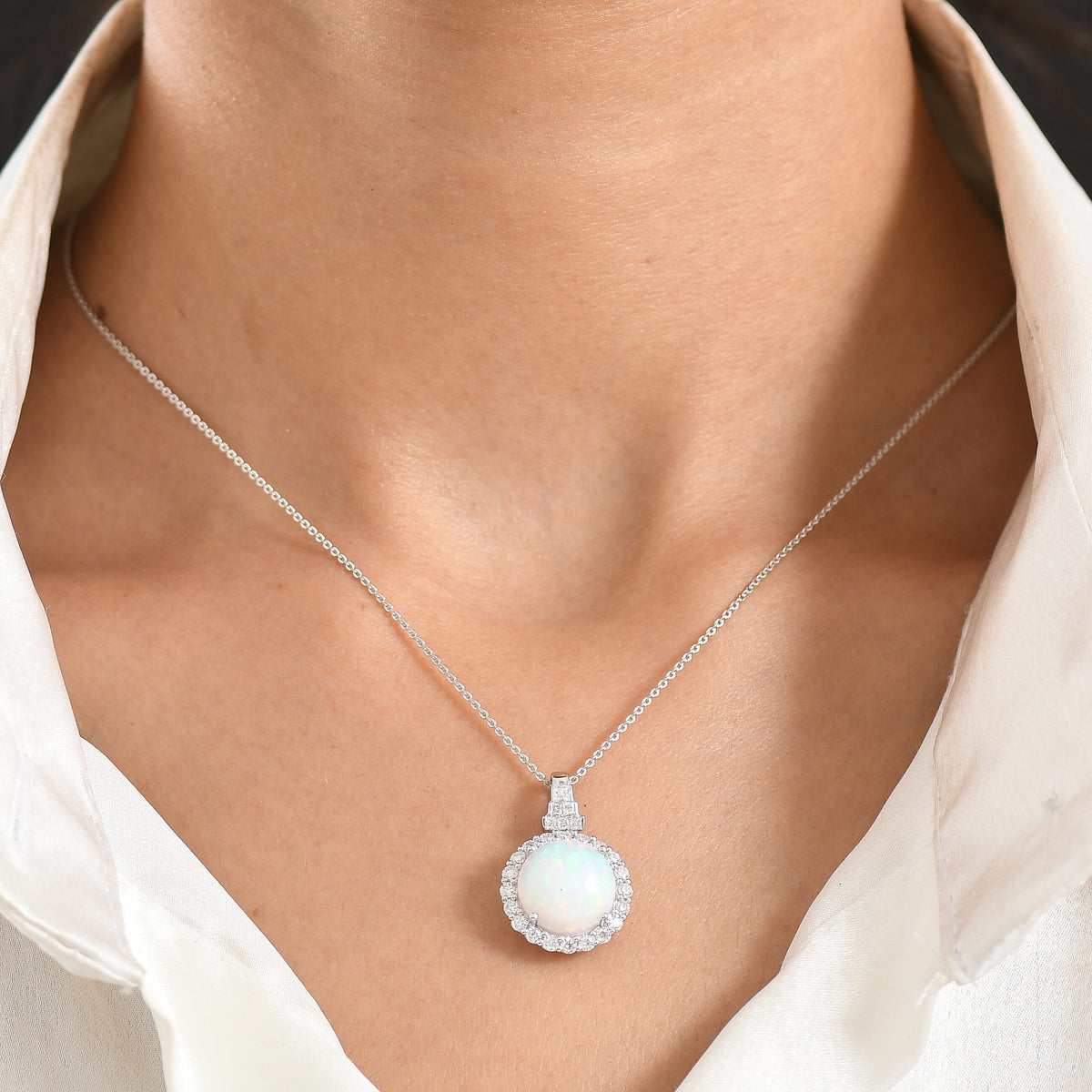 Certified and Appraised Ethiopian Opal,  Moissanite Pendant with Torn Chain 19DC (Size 20) in Rhodium Overlay Sterling Silver 0.52 ct  4.520  Ct. 4481844 2