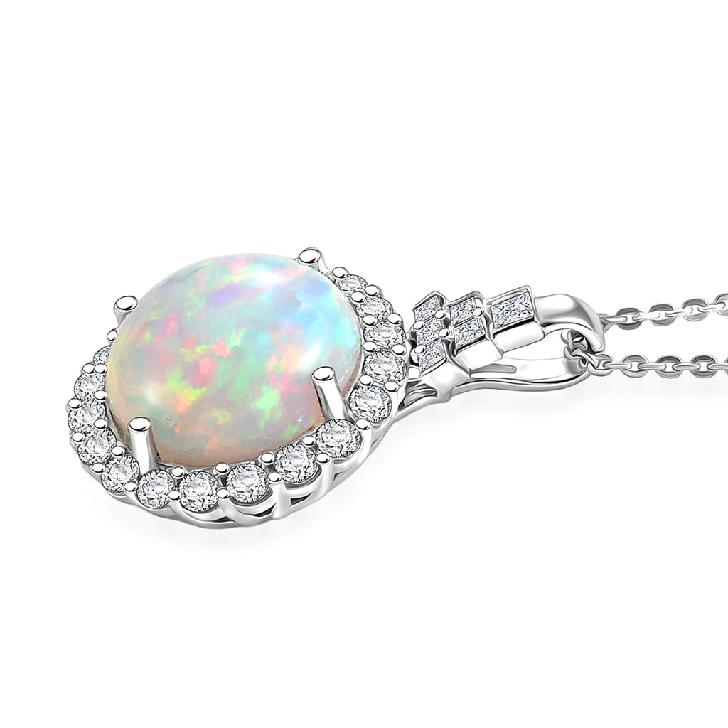Ethiopian Opal,  Moissanite Pendant with Torn Chain 19DC (Size 20) in Rhodium Overlay Sterling Silver 0.52 ct  4.520  Ct._4481844_3
