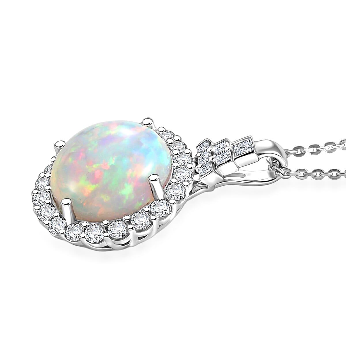 Certified and Appraised Ethiopian Opal,  Moissanite Pendant with Torn Chain 19DC (Size 20) in Rhodium Overlay Sterling Silver 0.52 ct  4.520  Ct. 4481844 3