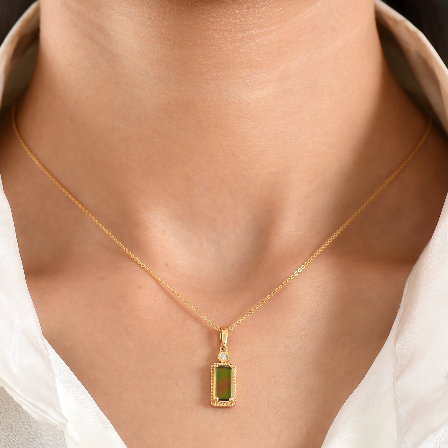 Luxuriant - Ammolite &amp; Lab Grown Diamond (SI-G-H) Pendant with Chain (Size 20) in 18K Vermeil Yellow Gold Plated Sterling Silver 1.20 Ct. 4482257 2