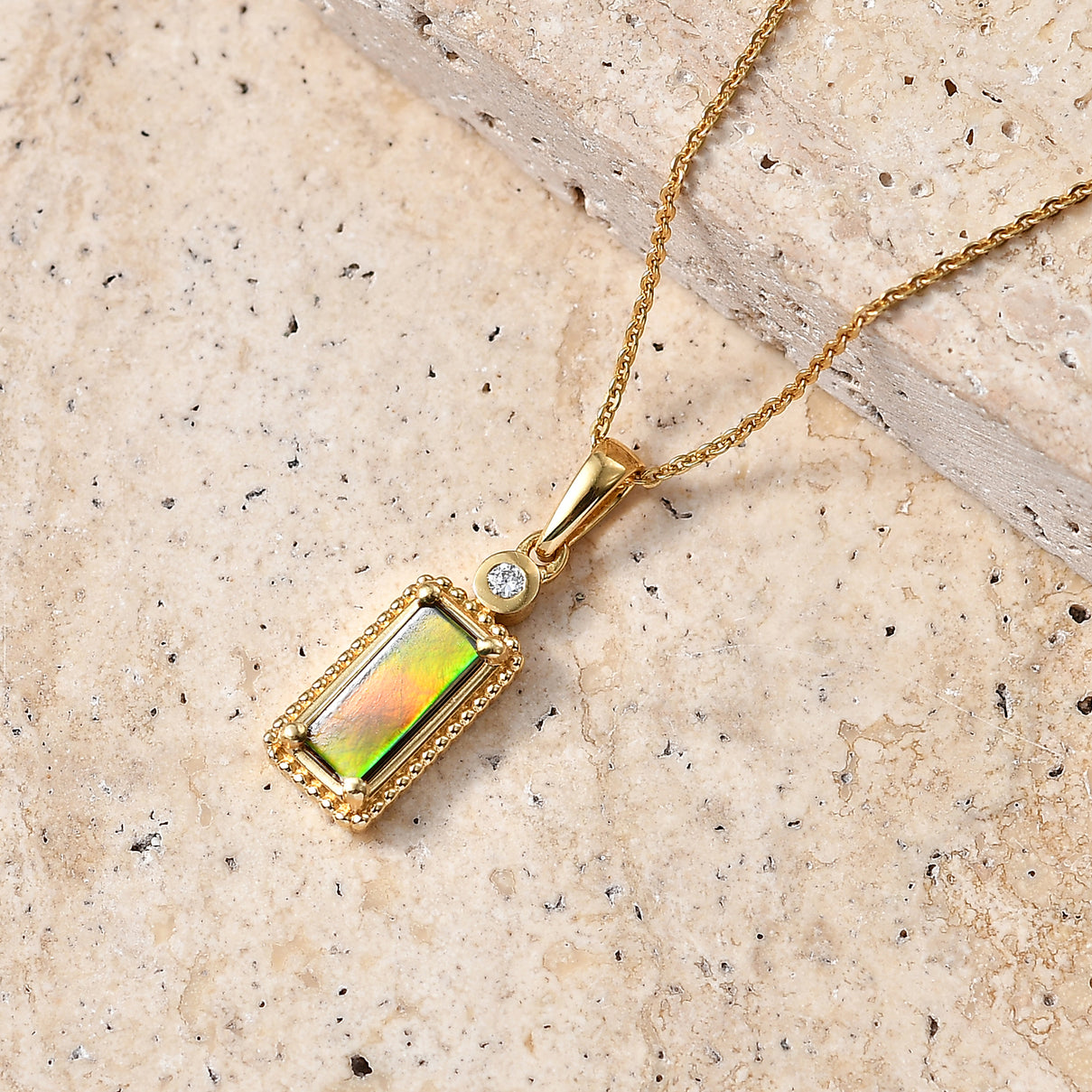 Luxuriant - Ammolite &amp; Lab Grown Diamond (SI-G-H) Pendant with Chain (Size 20) in 18K Vermeil Yellow Gold Plated Sterling Silver 1.20 Ct. 4482257 3