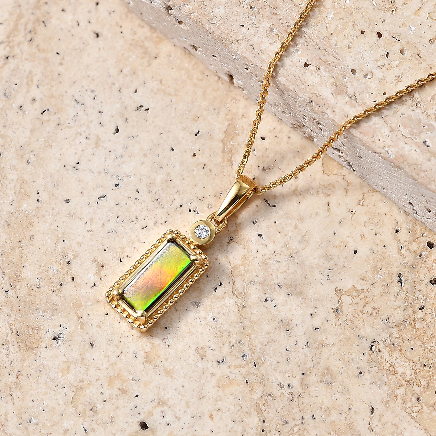 Luxuriant - Ammolite &amp; Lab Grown Diamond (SI-G-H) Pendant with Chain (Size 20) in 18K Vermeil Yellow Gold Plated Sterling Silver 1.20 Ct. 4482257 3