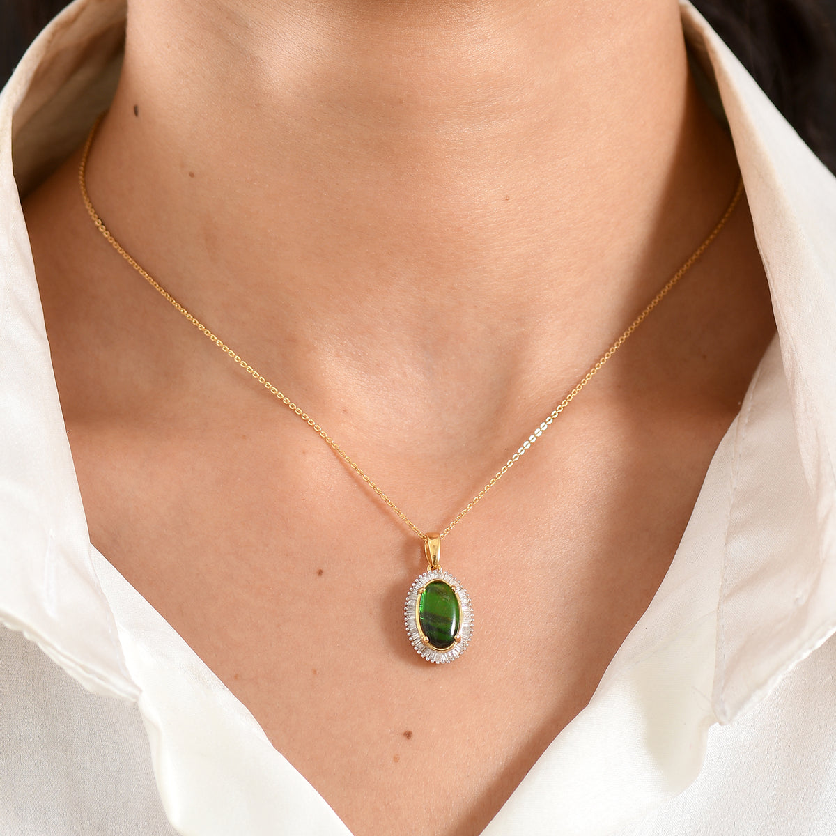 D'Joy - Ammolite &amp; Natural White Diamond Pendant with Chain (Size 20) in 18K Vermeil Yellow Gold Plated Sterling Silver 2.56 Ct. V32518690 2