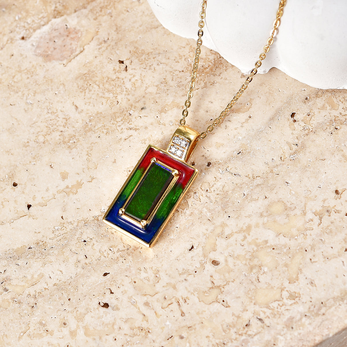 Luxuriant - Ammolite &amp; Lab Grown Diamond (SI/G-H) Prismatic Pendant with Chain (Size 20) in 18K Vermeil Yellow Gold Plated Sterling Silver 1.20 Ct. V32573761 3
