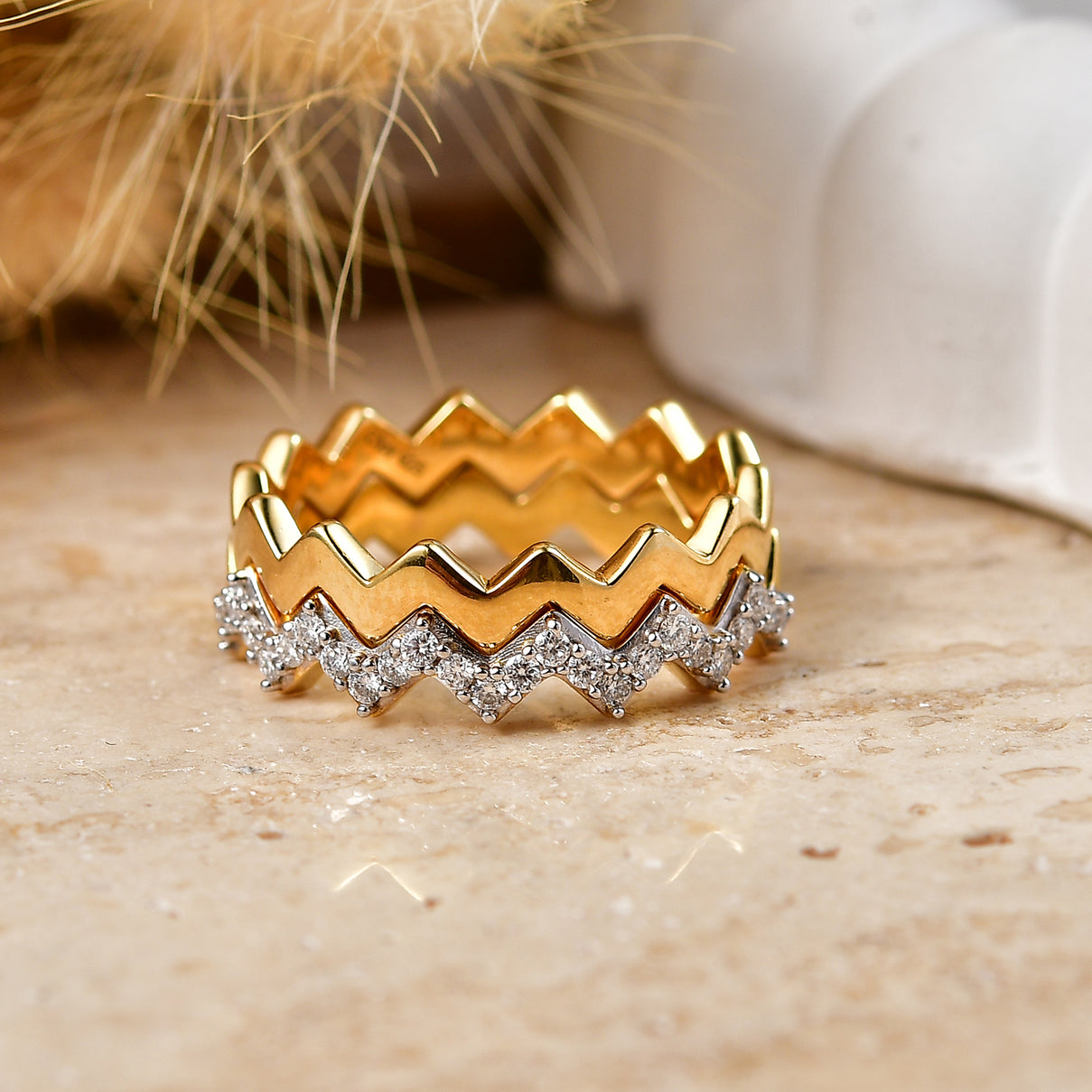 Set of 2 - Royal Bali Collection - D'Joy Moissanite Wave Ring in 18K Vermeil Yellow Gold Plated Sterling Silver 4482361 3