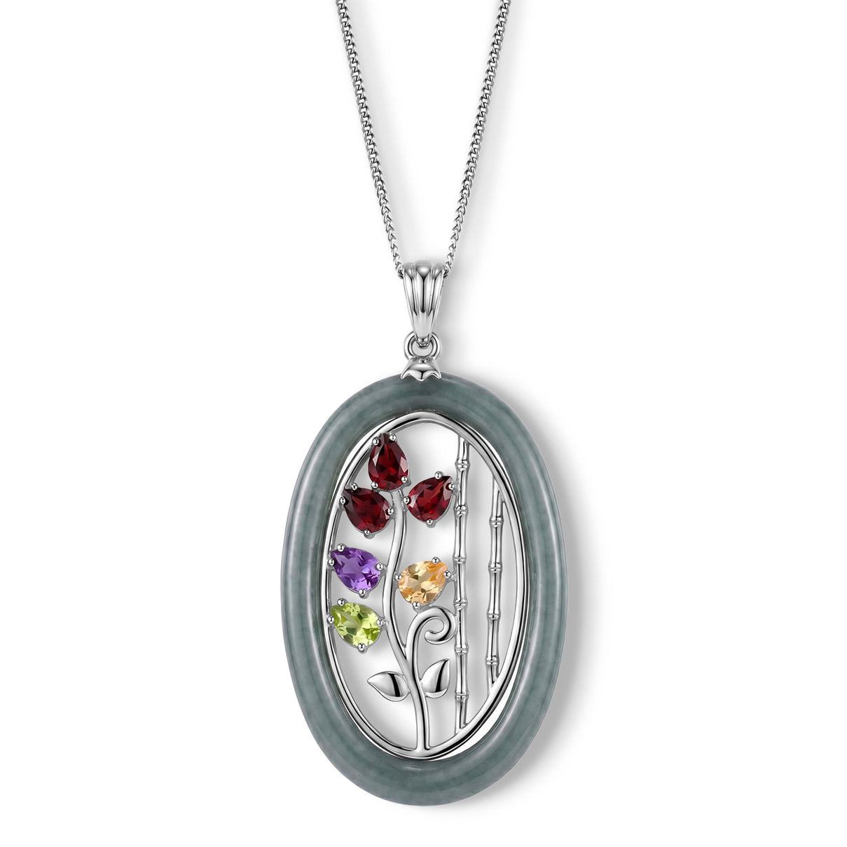 GP  - African Amethyst &amp; Multi-Gemstone Floral Vine Pendant with Chain (Size 18) in Rhodium Overlay Sterling Silver 10.90 Ct. 4482519 0