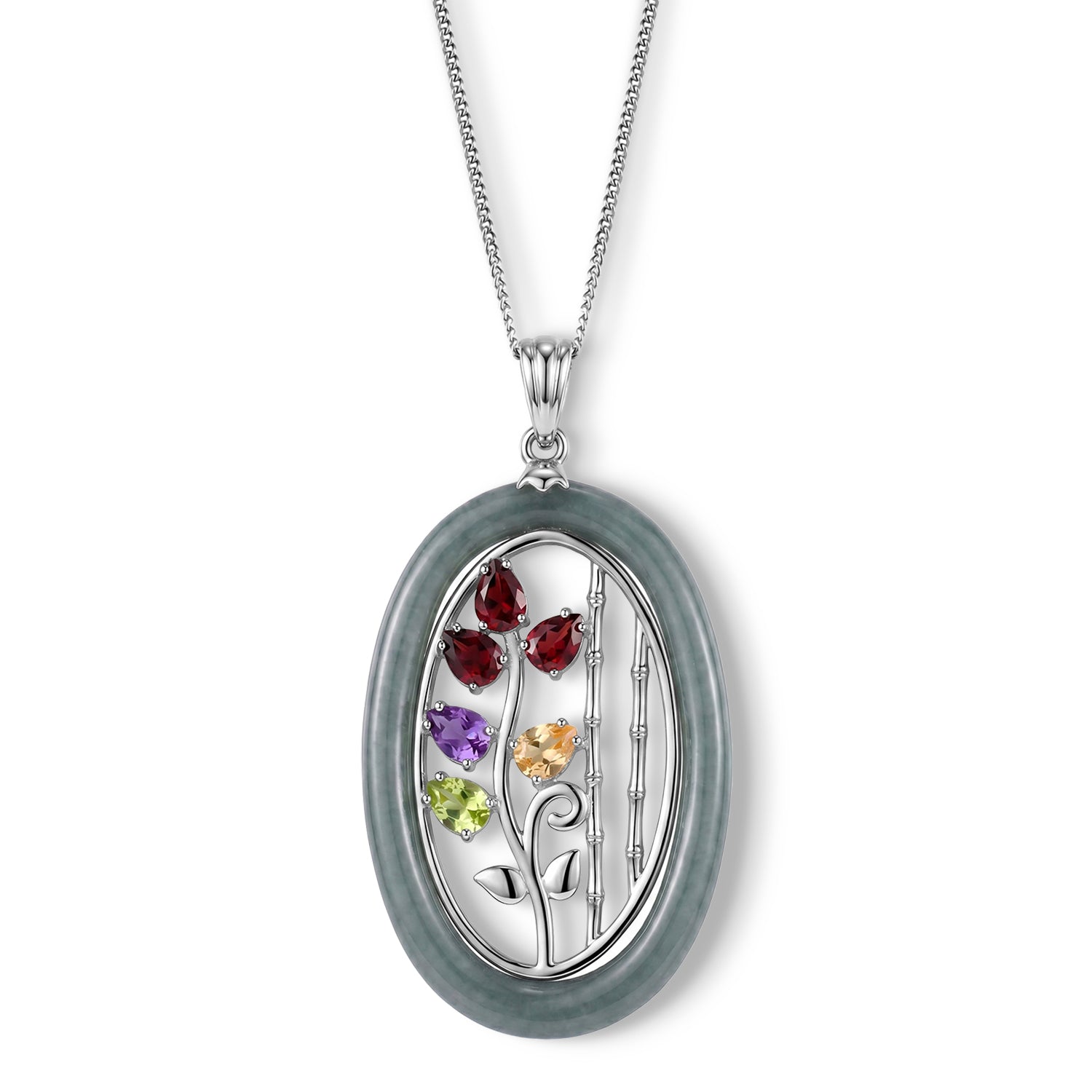GP  - African Amethyst &amp; Multi-Gemstone Floral Vine Pendant with Chain (Size 18) in Rhodium Overlay Sterling Silver 10.90 Ct. 4482519 0