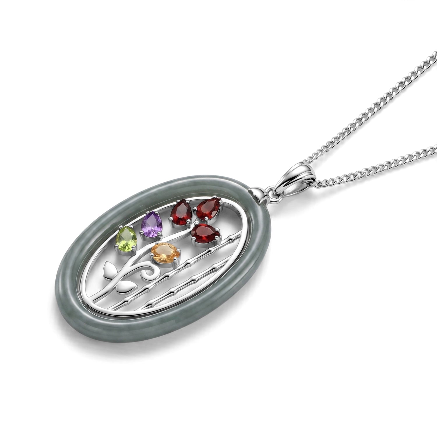 GP  - African Amethyst &amp; Multi-Gemstone Floral Vine Pendant with Chain (Size 18) in Rhodium Overlay Sterling Silver 10.90 Ct. 4482519 4