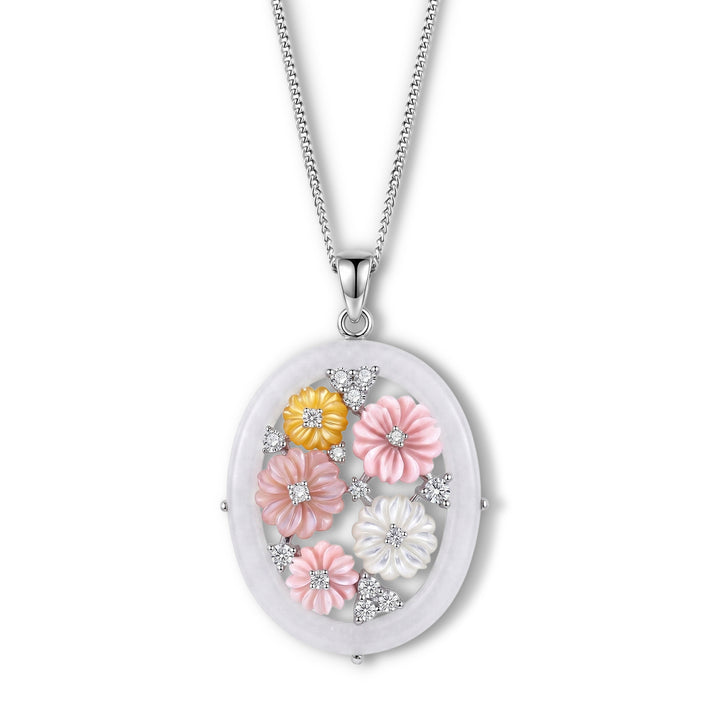 GP - Natural White Jade &amp; Multi-Gemstone Floral Pendant with Chain (Size 18) in Rhodium Overlay Sterling Silver 13.57 Ct. 4482536 1