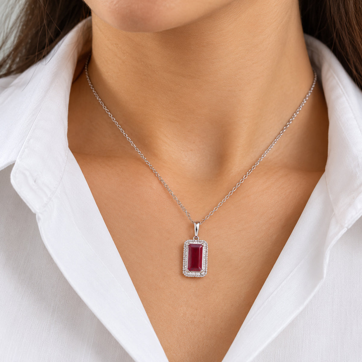 D'Joy - African Ruby &amp; Natural White Diamond Halo Pendant with Chain (Size 20) in Platinum Overlay Sterling Silver 4.50 Ct. 4482543 1