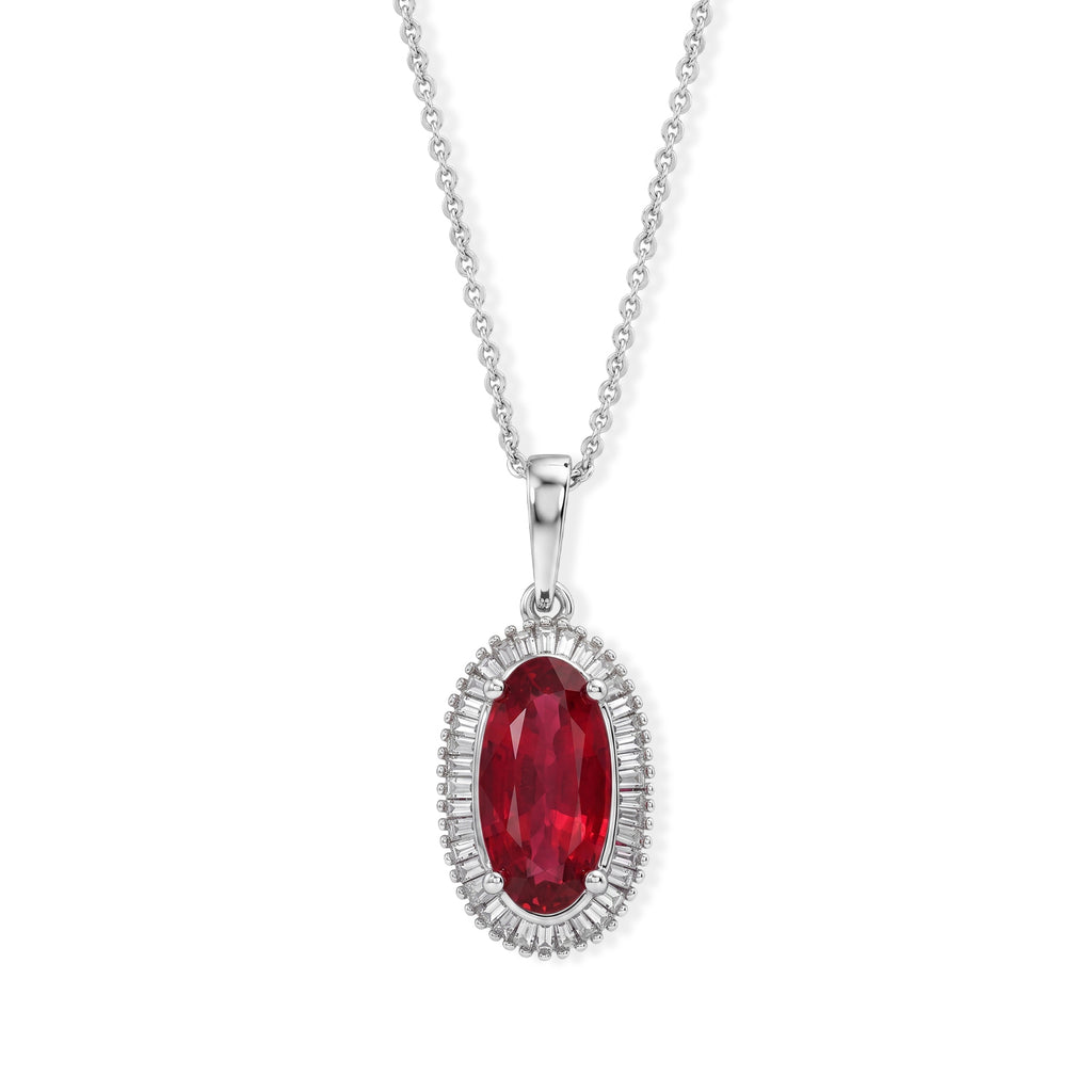 D'Joy - African Ruby & Natural White Diamond Oval Cut Halo Pendant with Chain (Size 20) in Platinum Overlay Sterling Silver 3.55 Ct._4482547