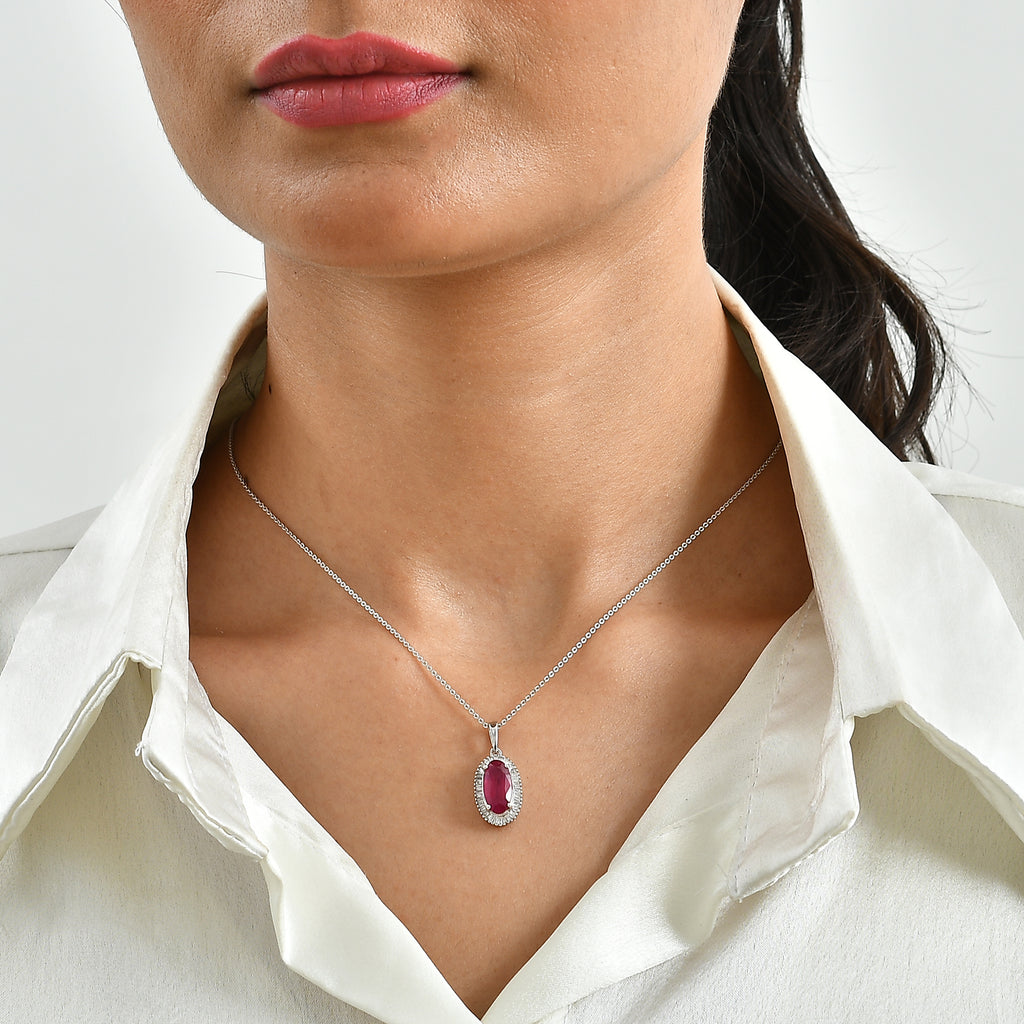 D'Joy - African Ruby & Natural White Diamond Oval Cut Halo Pendant with Chain (Size 20) in Platinum Overlay Sterling Silver 3.55 Ct._4482547_1