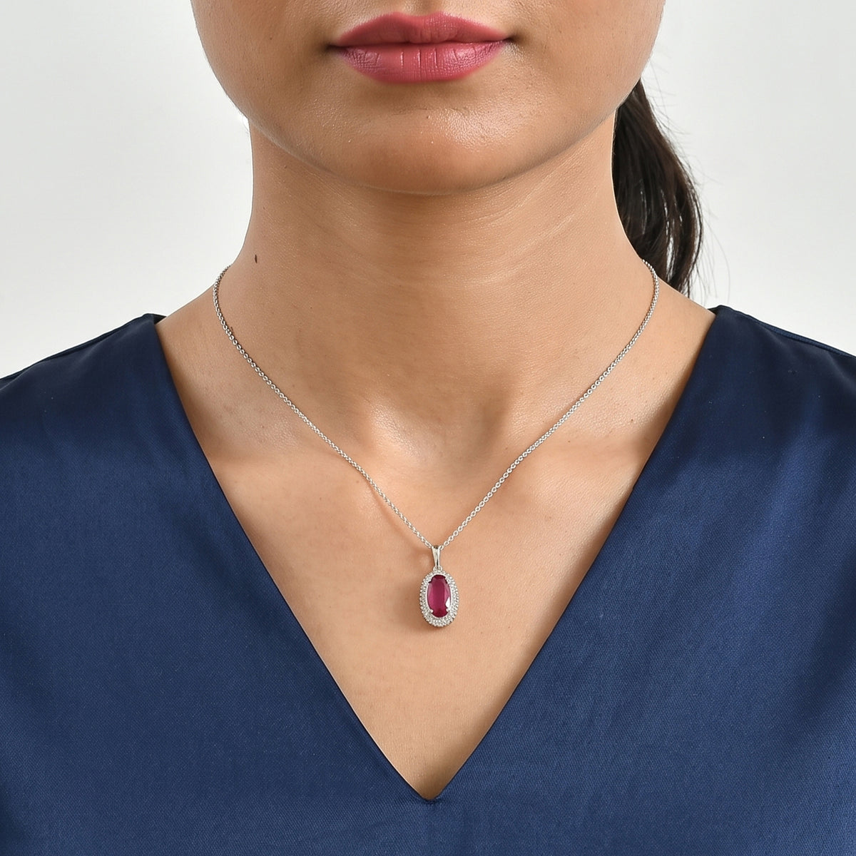 D'Joy - African Ruby &amp; Natural White Diamond Oval Cut Halo Pendant with Chain (Size 20) in Platinum Overlay Sterling Silver 3.55 Ct. 4482547 2