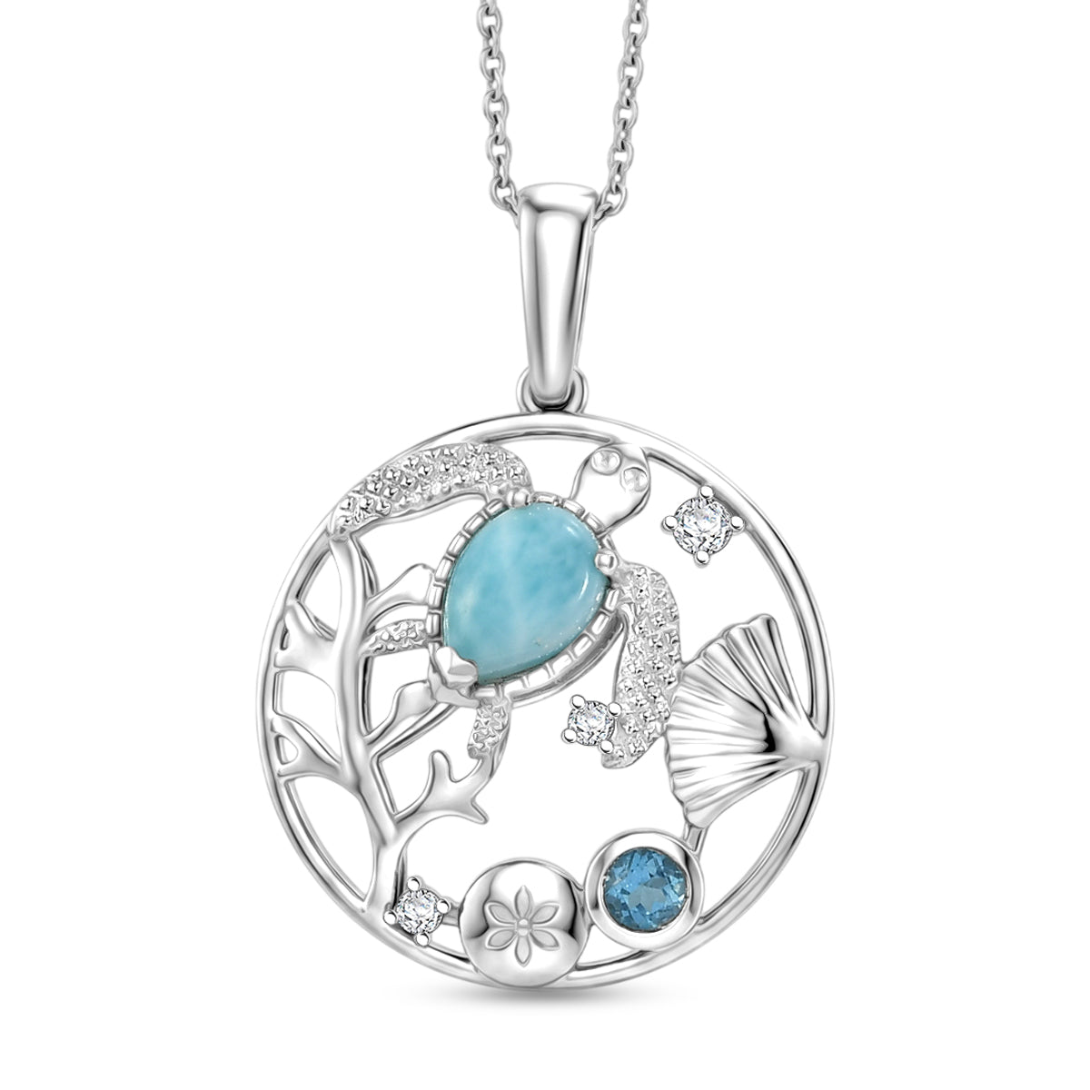 D'Joy - Natural Larimar, Skyblue Topaz &amp; White Zircon Botanical Pendant with Chain (Size 20) in Platinum Overlay Sterling Silver 1.10 Ct. V32529450 0