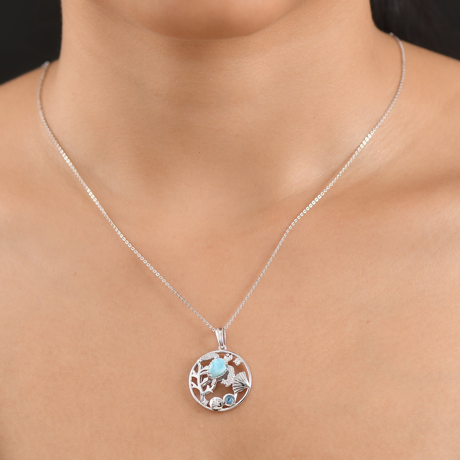 D'Joy - Natural Larimar, Skyblue Topaz &amp; White Zircon Botanical Pendant with Chain (Size 20) in Platinum Overlay Sterling Silver 1.10 Ct. V32529450 2