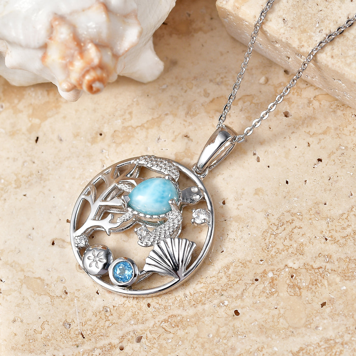 D'Joy - Natural Larimar, Skyblue Topaz &amp; White Zircon Botanical Pendant with Chain (Size 20) in Platinum Overlay Sterling Silver 1.10 Ct. V32529450 3