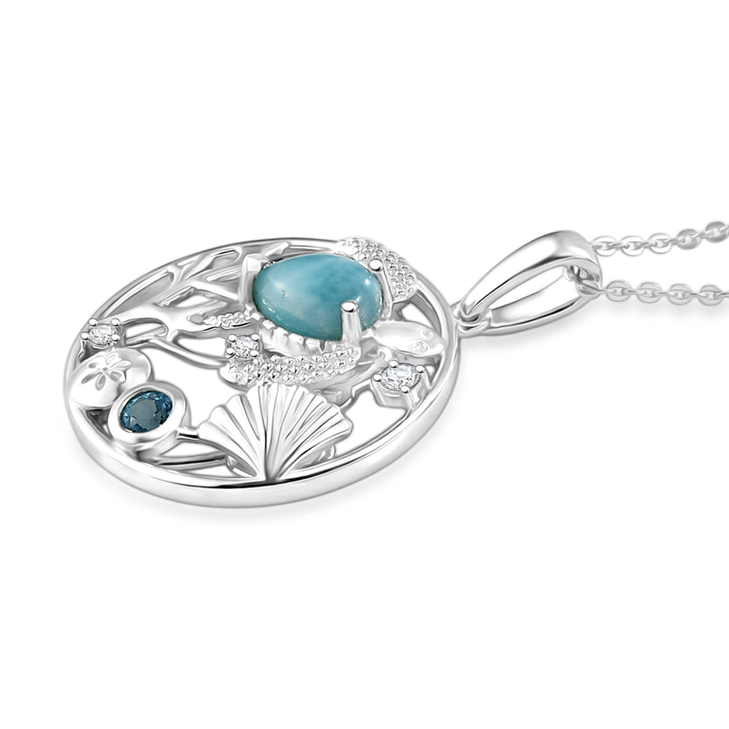 D'Joy - Natural Larimar, Skyblue Topaz & White Zircon Botanical Pendant with Chain (Size 20) in Platinum Overlay Sterling Silver 1.10 Ct._4482550_3