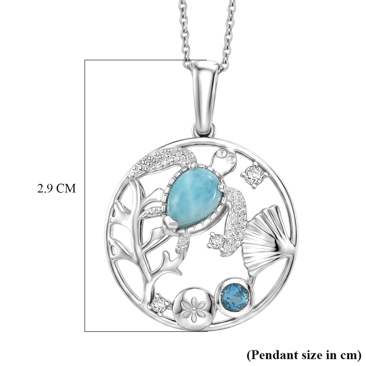 D'Joy - Natural Larimar, Skyblue Topaz &amp; White Zircon Botanical Pendant with Chain (Size 20) in Platinum Overlay Sterling Silver 1.10 Ct. V32529450 6