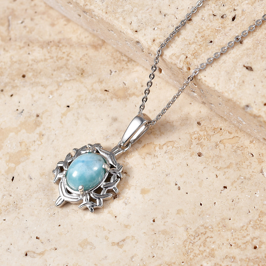 D'Joy - Natural Larimar Solitaire Pendant with Chain (Size 20) in Platinum Overlay Sterling Silver 1.50 Ct._4482551_2