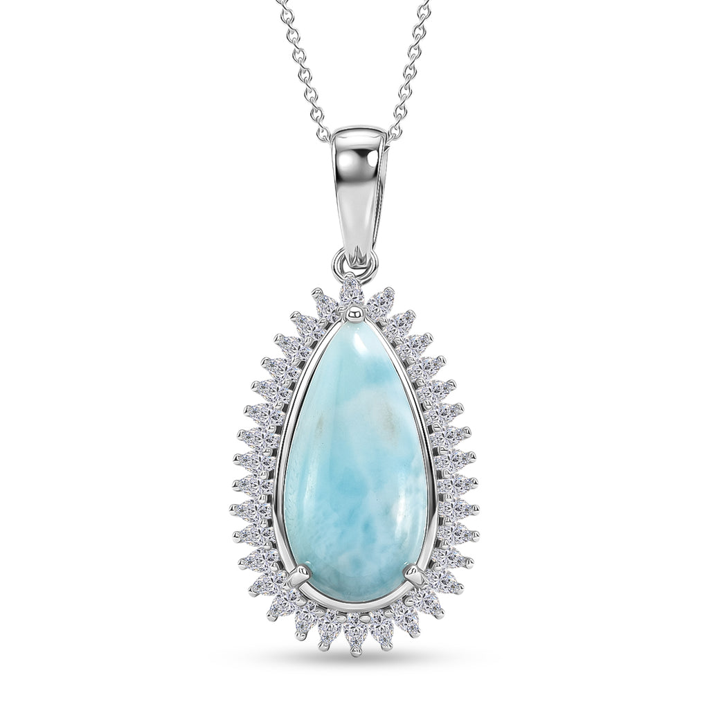 D'Joy - Natural Larimar & Moissanite Halo Pendant with Chain (Size 20) in Rhodium Overlay Sterling Silver 11.40 Ct._4482552