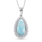 D'Joy - Natural Larimar & Moissanite Halo Pendant with Chain (Size 20) in Rhodium Overlay Sterling Silver 11.40 Ct._4482552