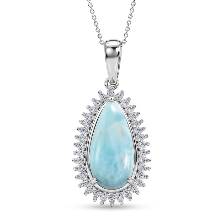 D'Joy - Natural Larimar &amp; Moissanite Halo Pendant with Chain (Size 20) in Rhodium Overlay Sterling Silver 11.40 Ct. 4482552 1