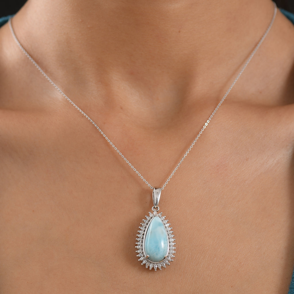 D'Joy - Natural Larimar & Moissanite Halo Pendant with Chain (Size 20) in Rhodium Overlay Sterling Silver 11.40 Ct._4482552_1