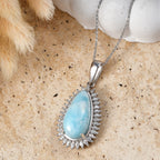 D'Joy - Natural Larimar & Moissanite Halo Pendant with Chain (Size 20) in Rhodium Overlay Sterling Silver 11.40 Ct._4482552_2