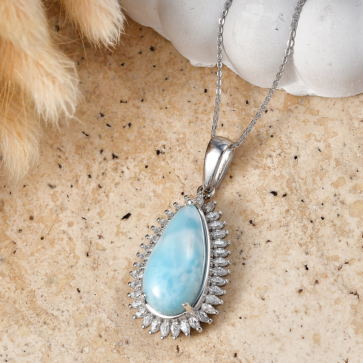 D'Joy - Natural Larimar &amp; Moissanite Halo Pendant with Chain (Size 20) in Rhodium Overlay Sterling Silver 11.40 Ct. V32580300 3