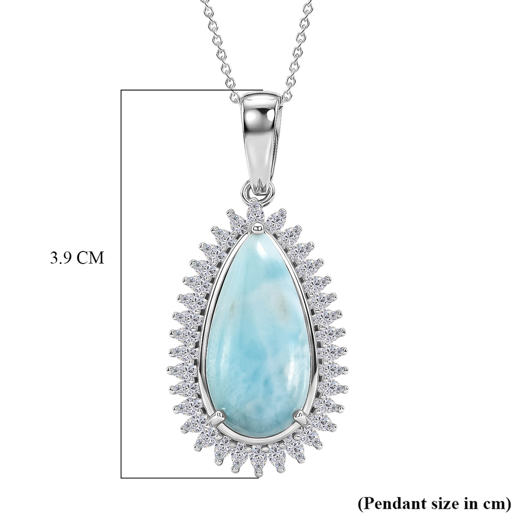 D'Joy - Natural Larimar & Moissanite Halo Pendant with Chain (Size 20) in Rhodium Overlay Sterling Silver 11.40 Ct._4482552_6