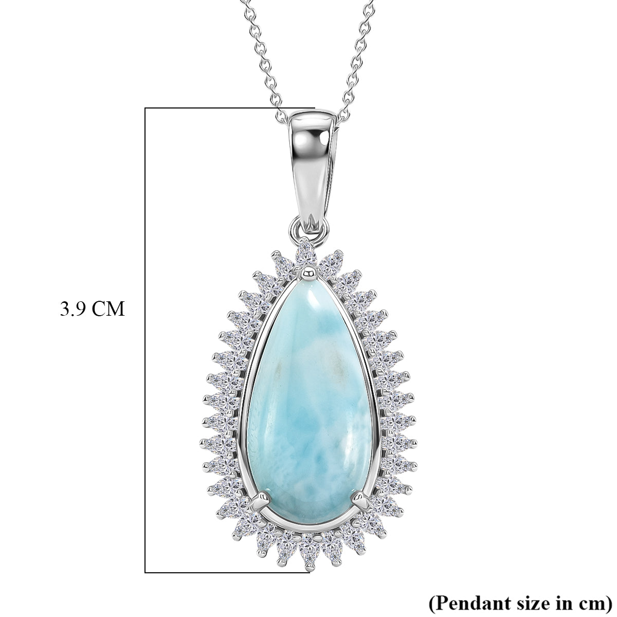D'Joy - Natural Larimar &amp; Moissanite Halo Pendant with Chain (Size 20) in Rhodium Overlay Sterling Silver 11.40 Ct. V32580300 4
