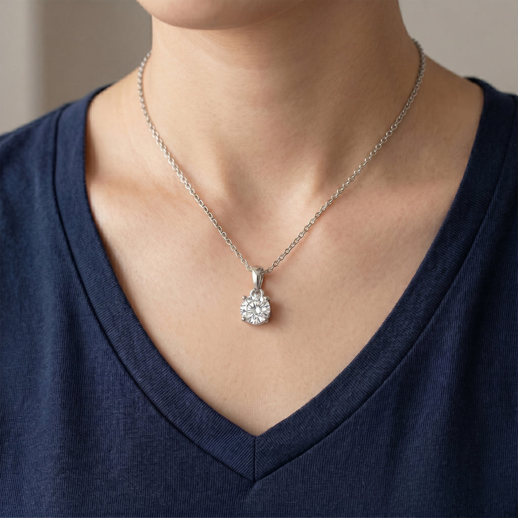 GRA Certified (D-VVS1) Moissanite Solitaire Pendant in Rhodium Overlay Sterling Silver with Chain (Size 20)_4482809_1