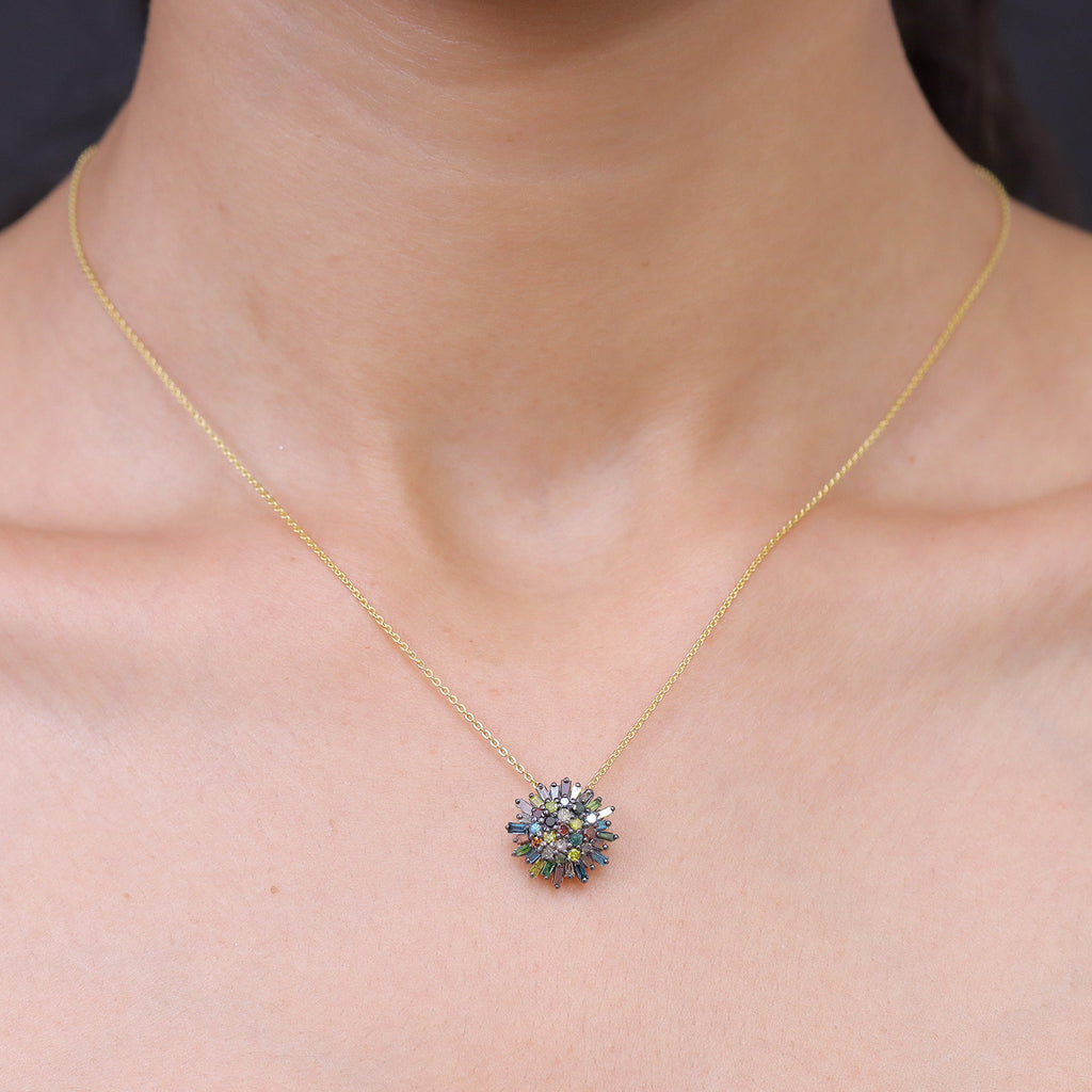 GP - Multi Diamond & Blue Sapphire Cluster Floral Pendant with Chain (Size 20) in 18K Vermeil Yellow Gold Plated Sterling Silver 1.10 Ct._4483031_1