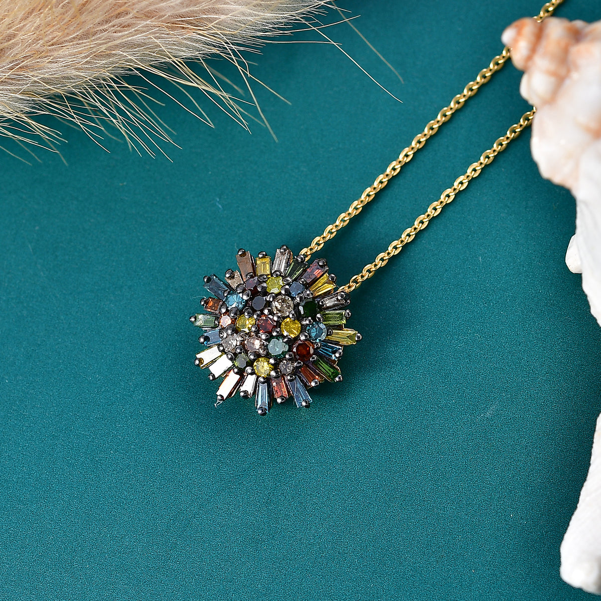 Live From Vicenza GP - Multi Diamond &amp; Blue Sapphire Cluster Floral Pendant with Chain (Size 20) in 18K Vermeil Yellow Gold Plated Sterling Silver 1.10 Ct. 4483031 3