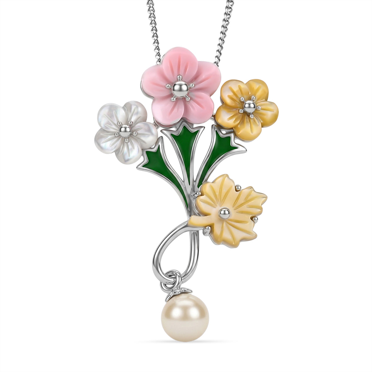 Jardin Collection - Pink Mother Of Pearl &amp; Multi Gemstone Floral Drop Pendant with Chain (Size 18) in Rhodium Overlay Sterling Silver V32596289 0