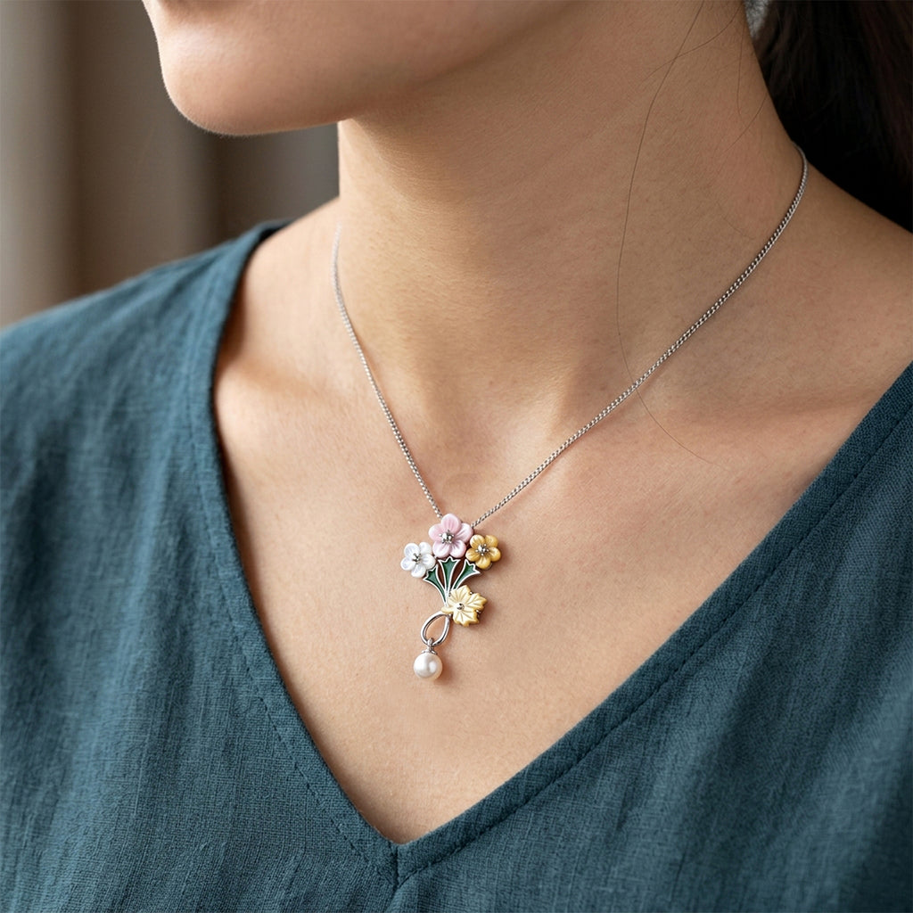 D'Joy Jardin Collection - Pink Mother Of Pearl & Multi Gemstone Floral Drop Pendant with Chain (Size 18) in Rhodium Overlay Sterling Silver_4483045_1