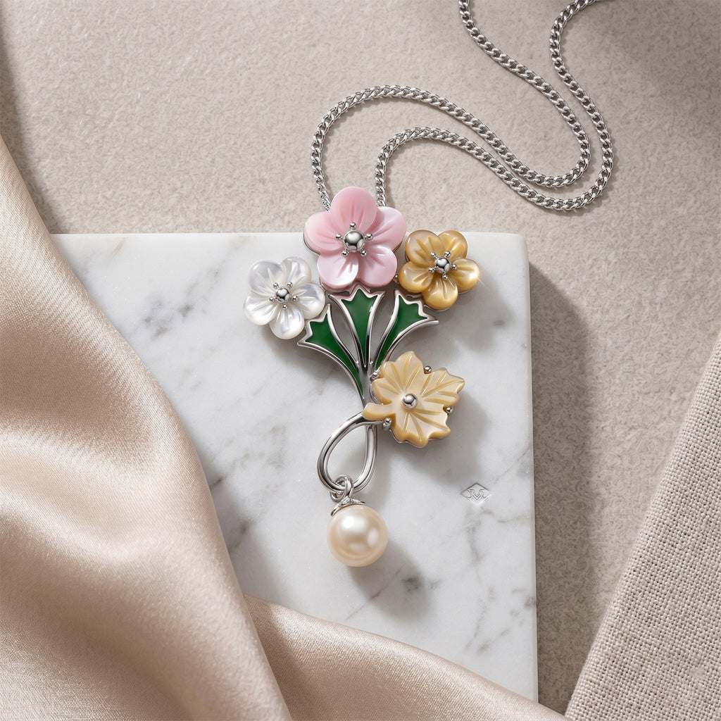 D'Joy Jardin Collection - Pink Mother Of Pearl & Multi Gemstone Floral Drop Pendant with Chain (Size 18) in Rhodium Overlay Sterling Silver_4483045_2