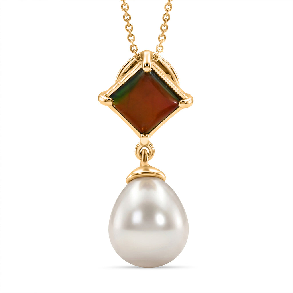 D'Joy - Ammolite & Fresh Water Pearl Drop Pendant with Chain (Size 20) in 18K Vermeil Yellow Gold Plated Sterling Silver 10.70 Ct._4483130