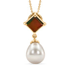 D'Joy - Ammolite & Fresh Water Pearl Drop Pendant with Chain (Size 20) in 18K Vermeil Yellow Gold Plated Sterling Silver 10.70 Ct._4483130