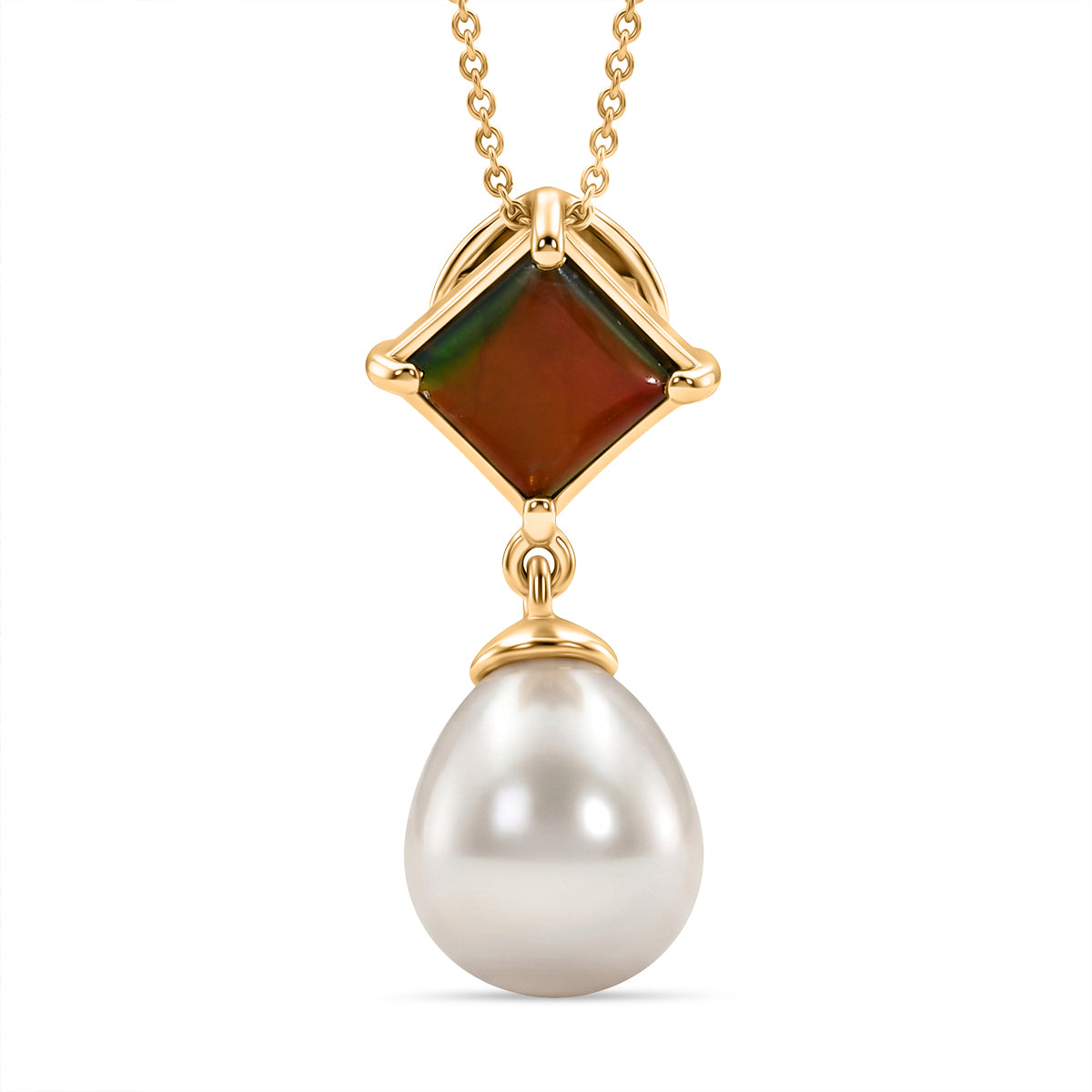 D'Joy - Ammolite &amp; Fresh Water Pearl Drop Pendant with Chain (Size 20) in 18K Vermeil Yellow Gold Plated Sterling Silver 10.70 Ct. V32518468 0