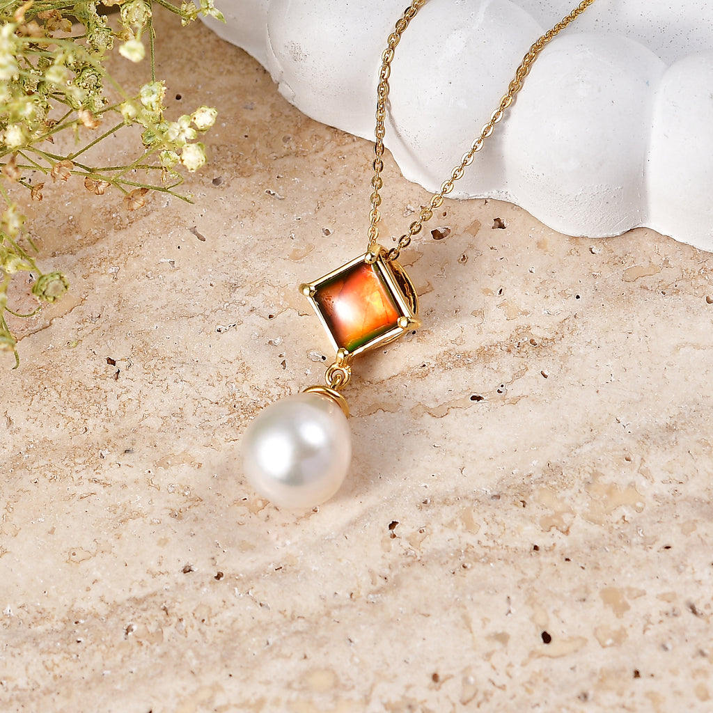 D'Joy - Ammolite & Fresh Water Pearl Drop Pendant with Chain (Size 20) in 18K Vermeil Yellow Gold Plated Sterling Silver 10.70 Ct._4483130_2